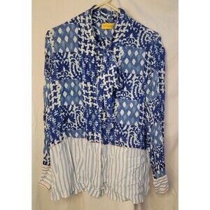 Benares Patchwork Blue Boho Blouse Womens Large Tie Neck Ruffle Hem 100% Viscose